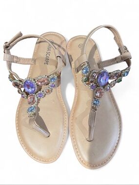 Bejeweled Nude T-Strap Sandals with Multicolor Gems
